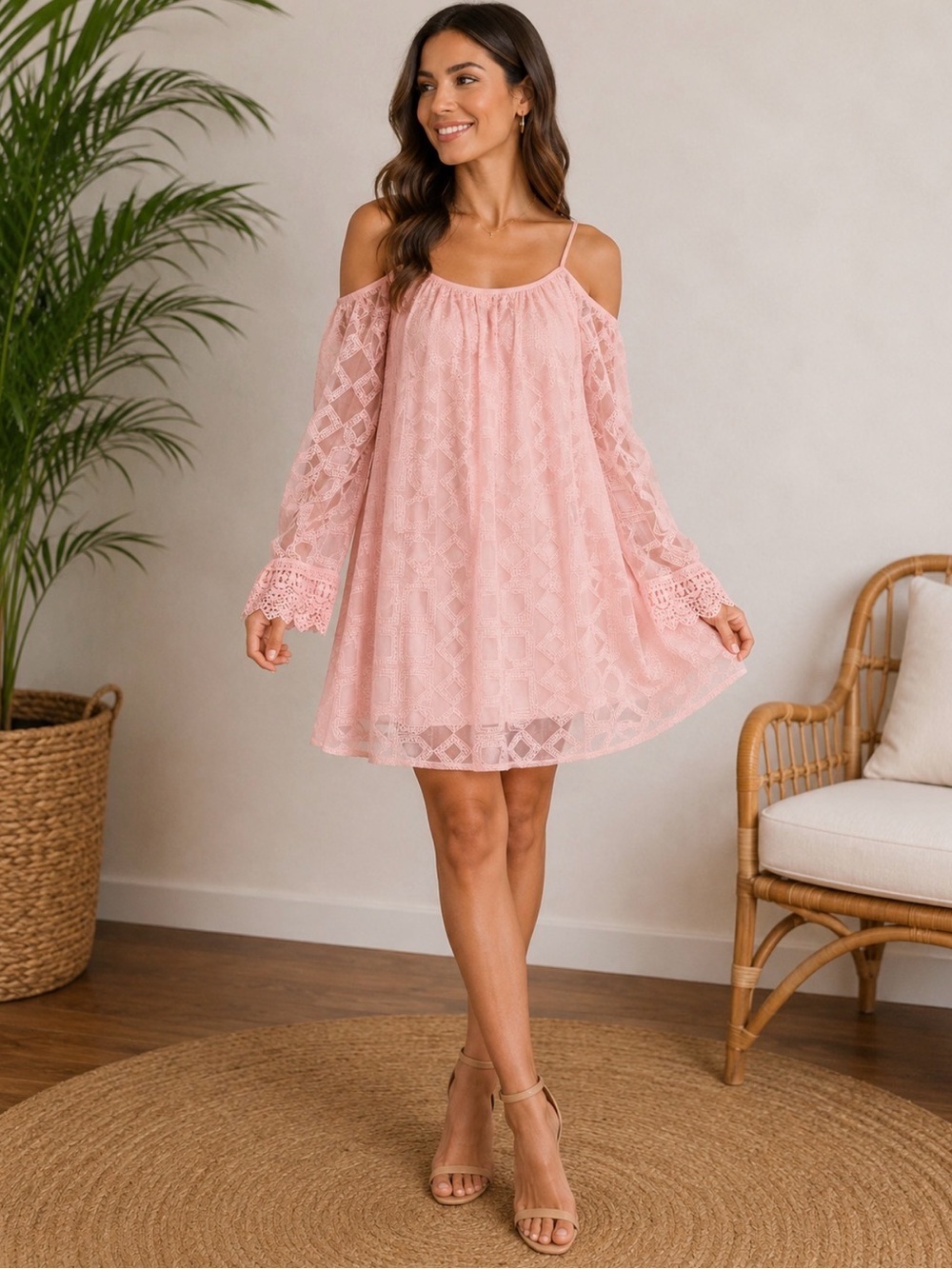 Xhilaration Blush Pink Lace Cold-Shoulder Mini Dress